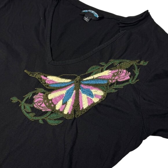 VTG Y2K Till The End Embroidered Tee Sz.L Black V-Neck Butterfly Fairy Grunge - Picture 11 of 12
